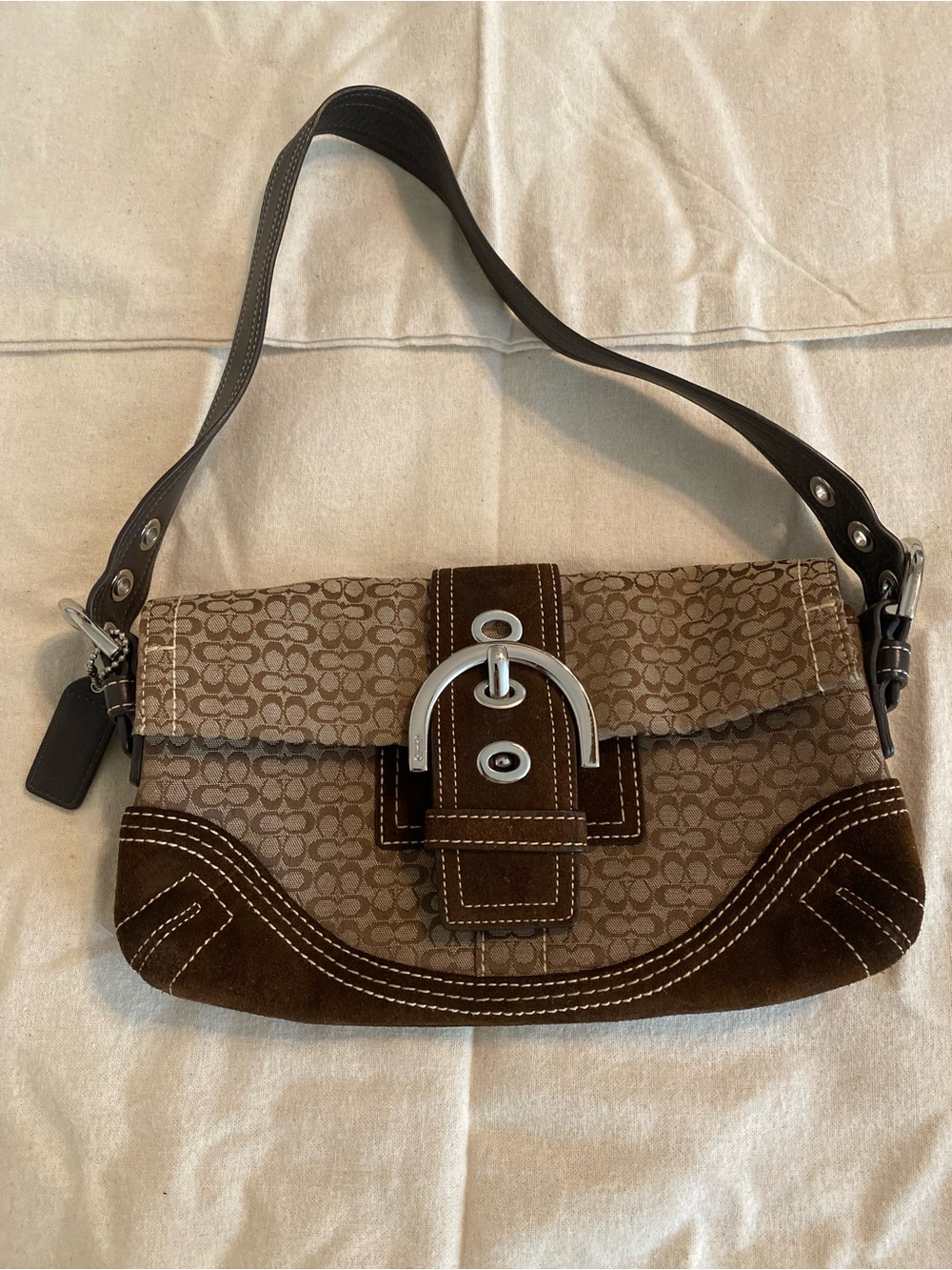 Coach Brown Signature Canvas Suede Shoulder Bag